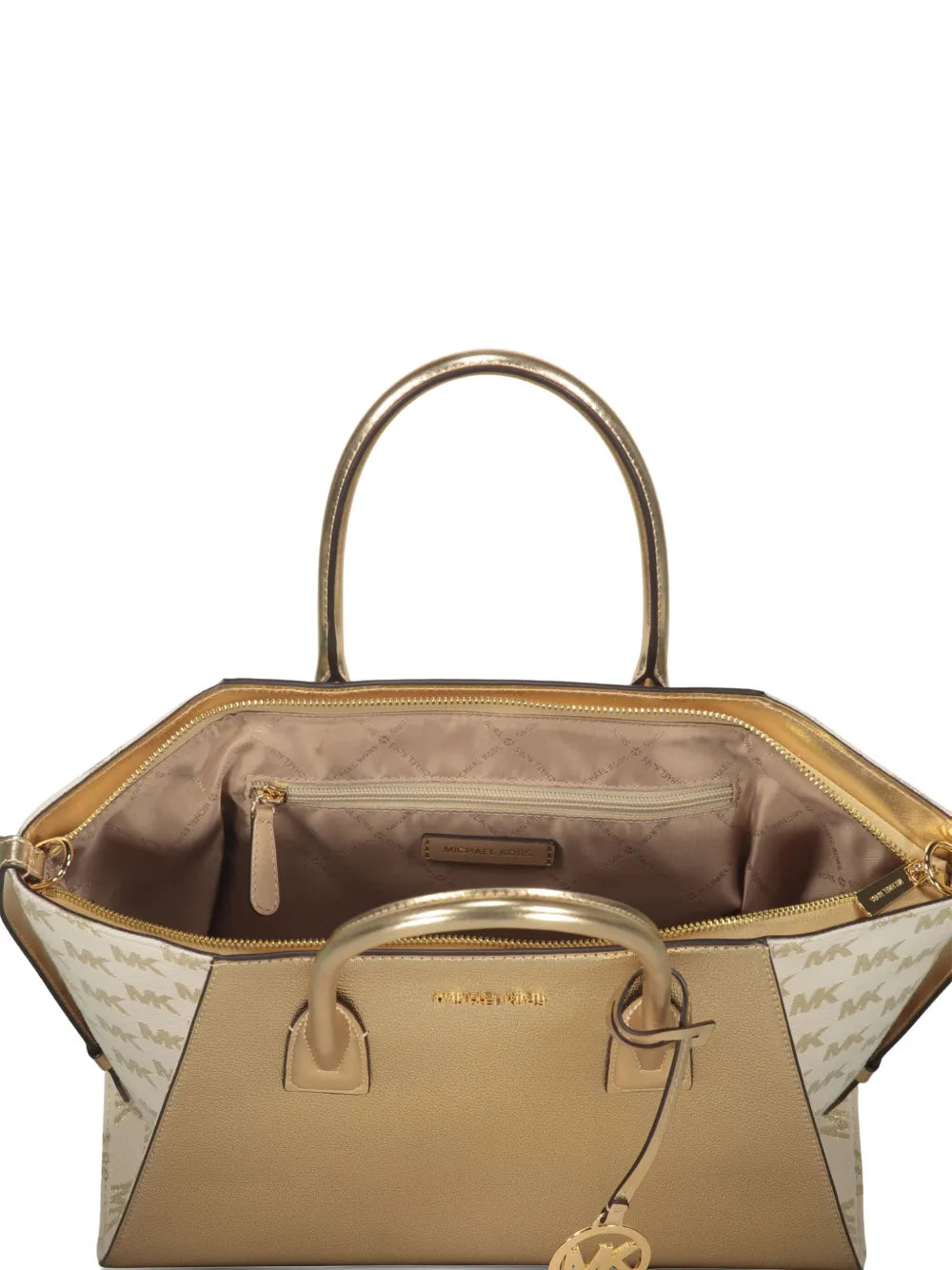MICHAEL KORS BORSA A MANO DA DONNA COLOR ORO CON LOGO MK DORATO SUI LATI