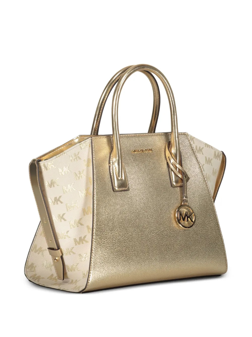 MICHAEL KORS BORSA A MANO DA DONNA COLOR ORO CON LOGO MK DORATO SUI LATI
