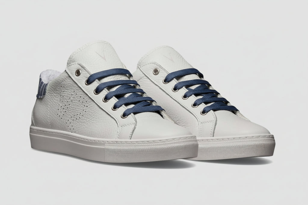 V2 SNEAKERS UOMO IN PELLE A SUOLA BASSA BIANCA CON RETRO IN TESSUTO  BLU