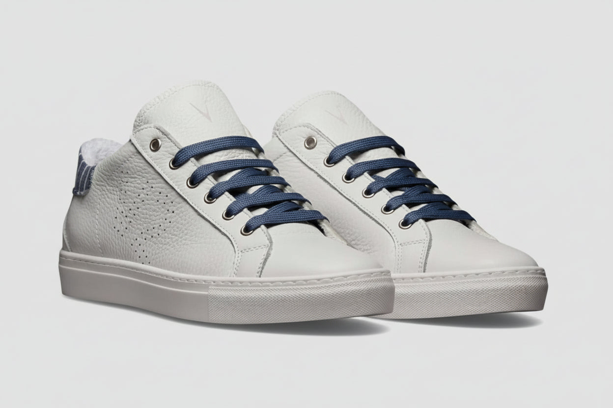 V2 SNEAKERS UOMO IN PELLE A SUOLA BASSA BIANCA CON RETRO IN TESSUTO  BLU