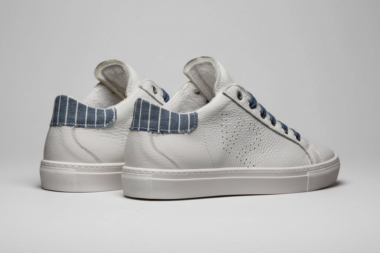 V2 SNEAKERS UOMO IN PELLE A SUOLA BASSA BIANCA CON RETRO IN TESSUTO  BLU