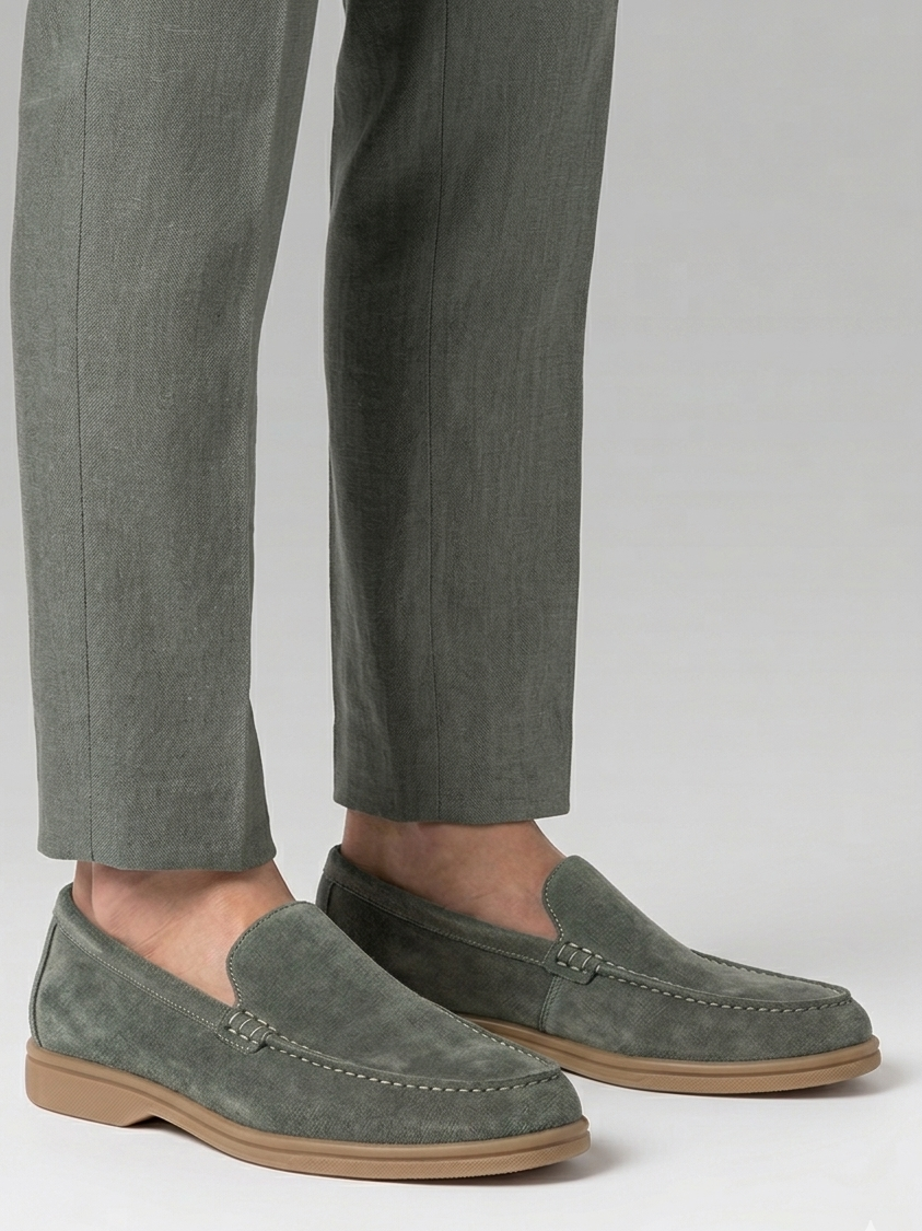 green suede loafer